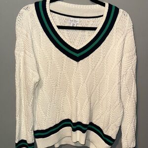 Nicole Miller Ivory V-Neck Sweater with Teal and Navy Stripes
